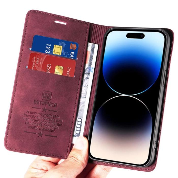 BETOPNICE - BETOPNICE 003 iPhone 15 Pro Fodral PU Läder - Röd