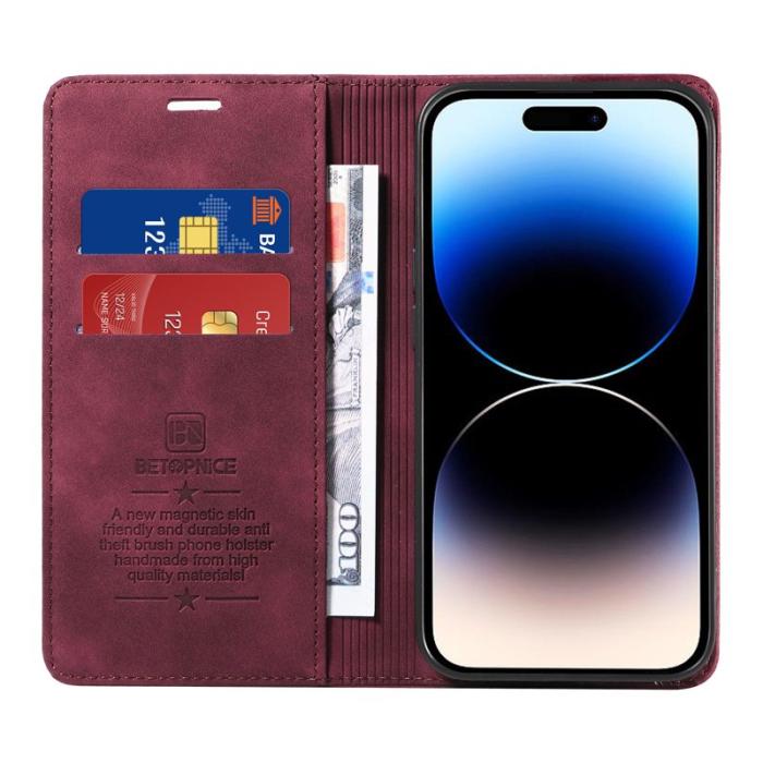 BETOPNICE - BETOPNICE 003 iPhone 15 Pro Skal RFID Blocker PU Läder - Röd