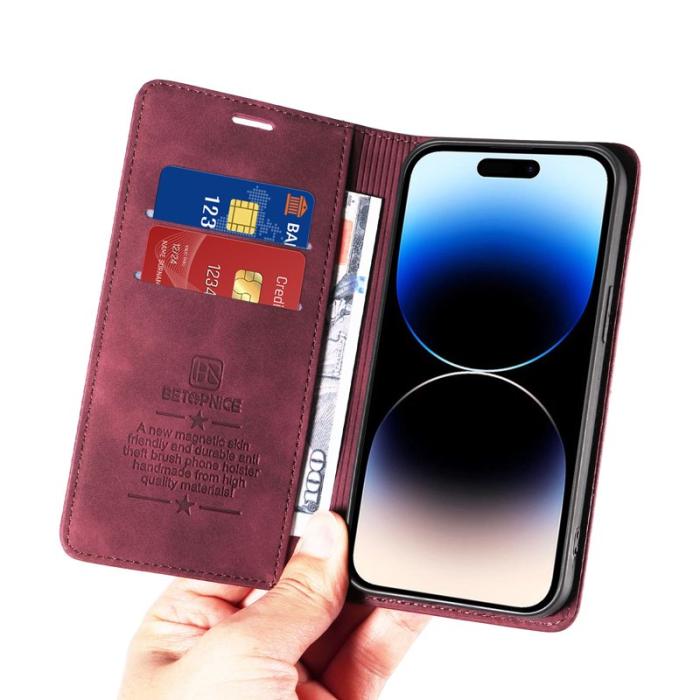 BETOPNICE - BETOPNICE 003 iPhone 15 Pro Skal RFID Blocker PU Läder - Röd