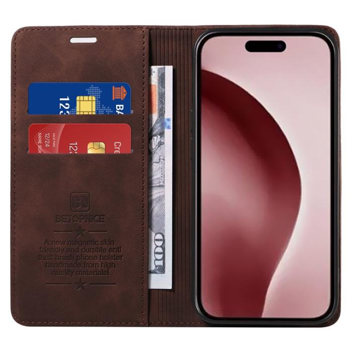 BETOPNICE - BETOPNICE 003 iPhone 16 Pro Fodral Wallet Äkta läder - Brun