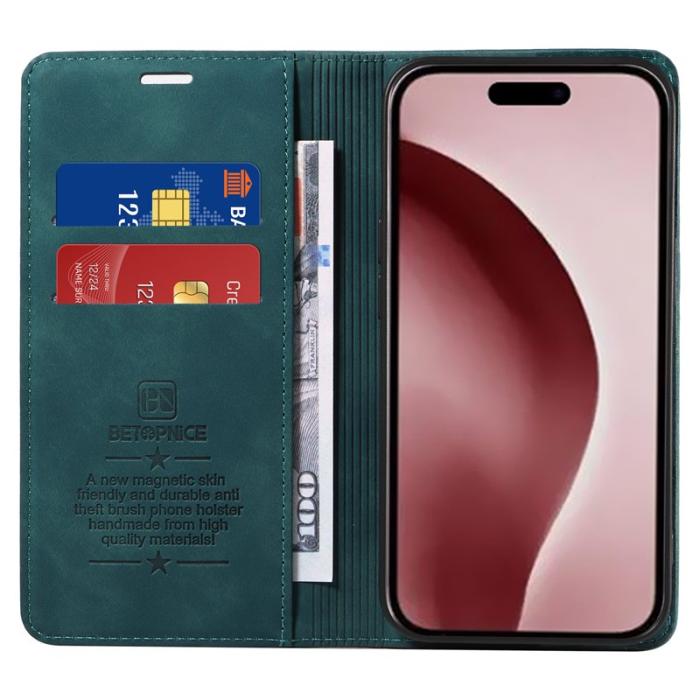 BETOPNICE - BETOPNICE 003 iPhone 16 Pro Fodral Wallet Äkta läder - Grön
