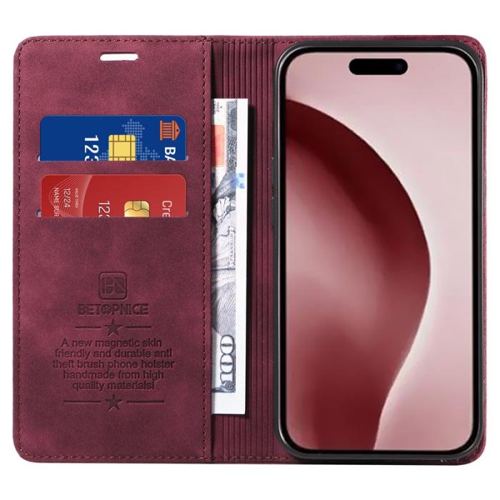 BETOPNICE - BETOPNICE 003 iPhone 16 Pro Fodral Wallet Äkta läder - Röd