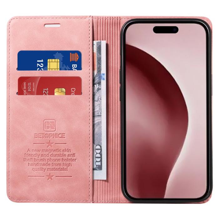 BETOPNICE - BETOPNICE 003 iPhone 16 Pro Fodral Wallet Äkta läder - Rosa