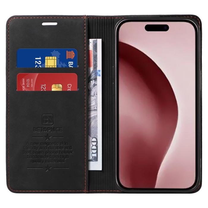 BETOPNICE - BETOPNICE 003 iPhone 16 Pro Fodral Wallet Äkta läder - Svart