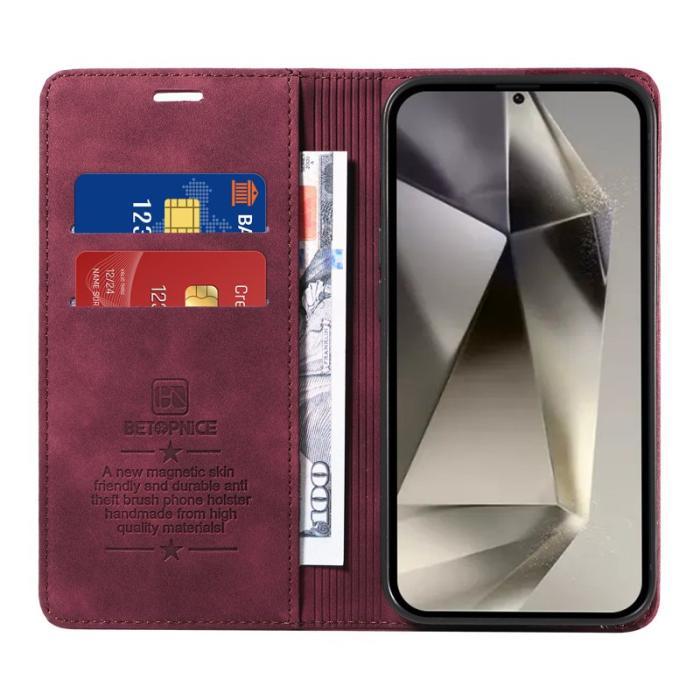 BETOPNICE - BETOPNICE 003 Samsung Galaxy S25 Ultra Wallet Fodral Äkta läder - Röd