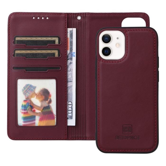 BETOPNICE - BETOPNICE iPhone 12 mini Fodral - Avtagbart PU Läder - Vinröd