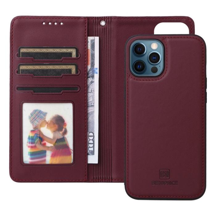 BETOPNICE - BETOPNICE iPhone 12 Pro Max Fodral - Äkta läder - Vinröd