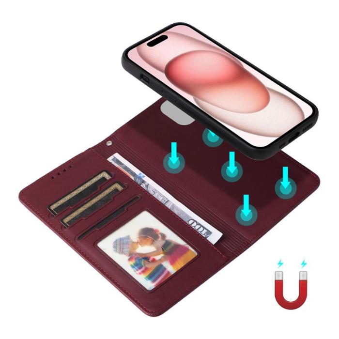 BETOPNICE - BETOPNICE iPhone 15 Fodral Magnetiskt Detachable PU Läder - Vinröd