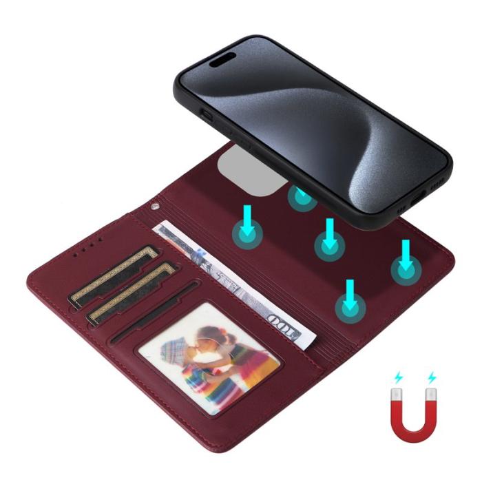 BETOPNICE - BETOPNICE iPhone 15 Pro Fodral - Avtagbart PU Läder - Vinröd