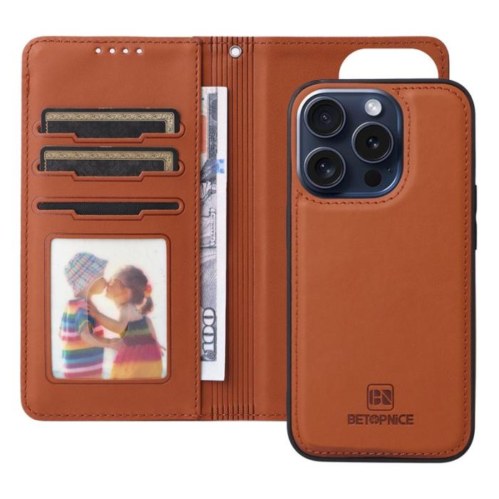 BETOPNICE - BETOPNICE iPhone 15 Pro Fodral - Detachable PU Leather - Brun