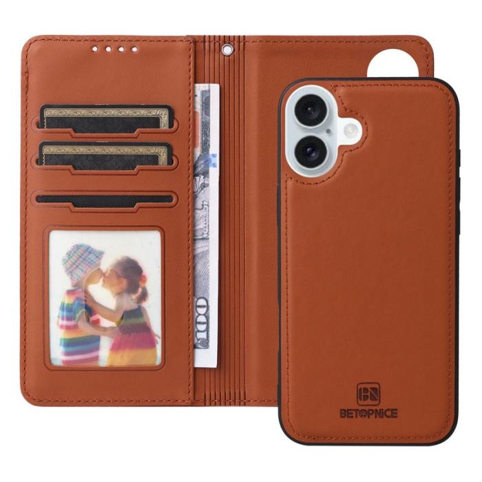 BETOPNICE - BETOPNICE iPhone 16 Plus Fodral - Avtagbart PU Läder - Brun