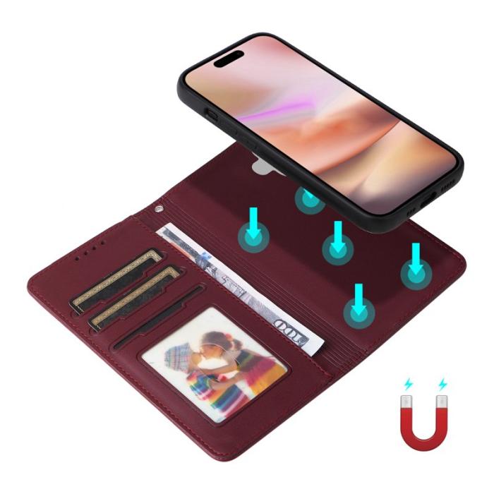 BETOPNICE - BETOPNICE iPhone 16 Plus Fodral - Avtagbart PU Läder - Vinröd