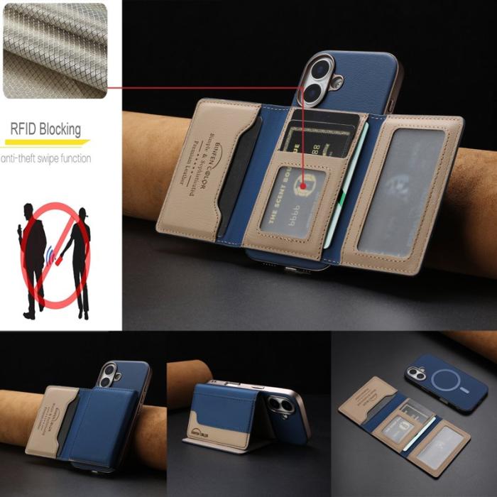 BINFEN COLOR - BINFEN iPhone 16 Fodral - Äkta läder - Mörkblå - BF37 Color Splicing