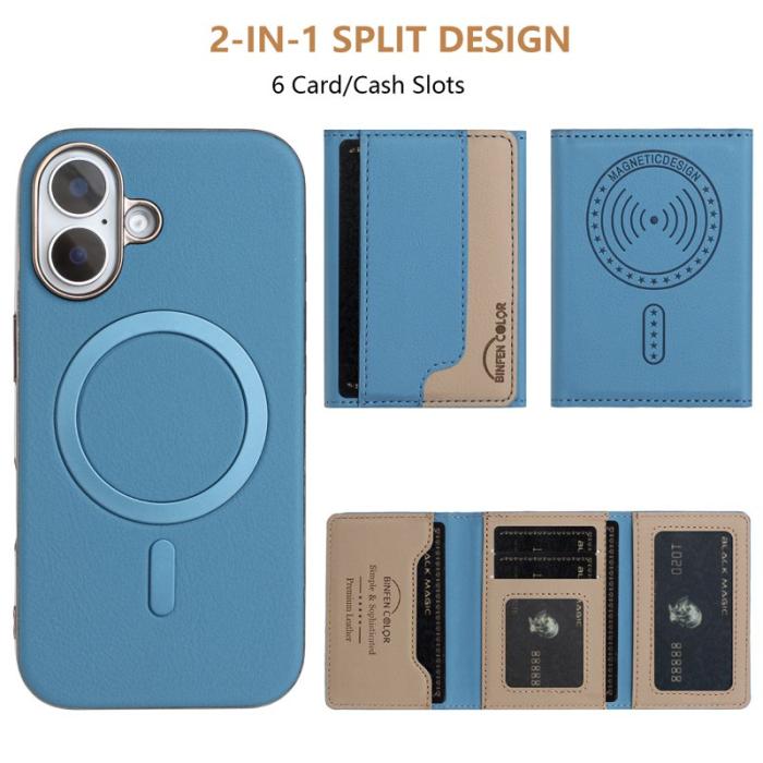 BINFEN COLOR - BINFEN iPhone 16 Fodral - Äkta läder - Splicing - Baby Blue