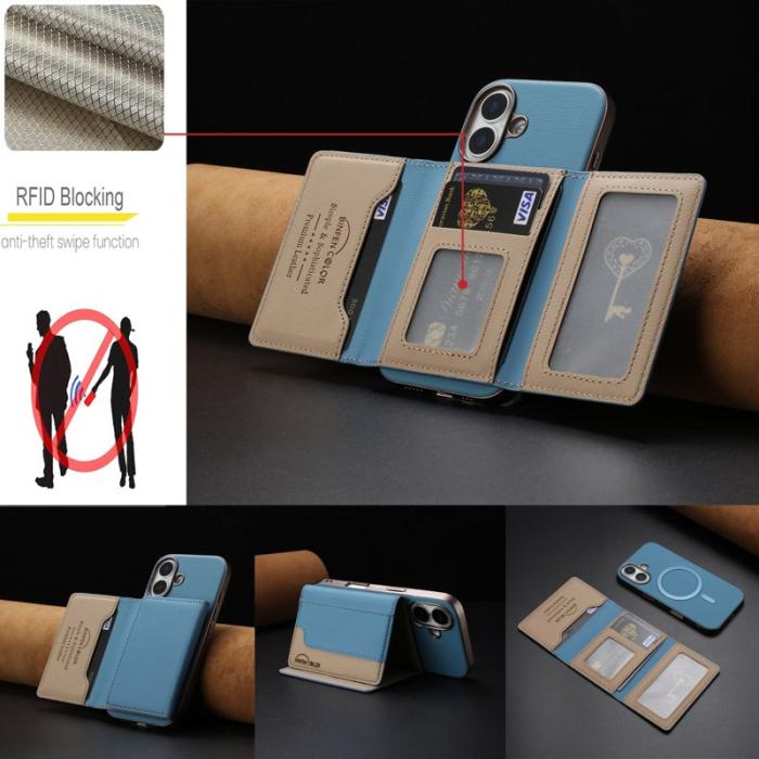 BINFEN COLOR - BINFEN iPhone 16 Fodral - Äkta läder - Splicing - Baby Blue