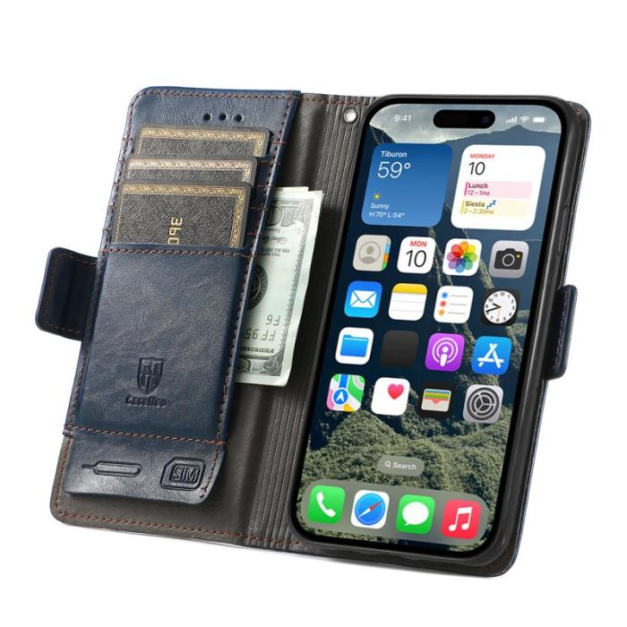 CASENEO - CASENEO iPhone 16 Fodral PU Läder Ställ med RFID - Mörkblå