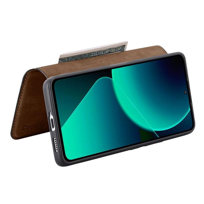 CASENEO - CASENEO Xiaomi 13T Fodral - Avtagbart Läder Plånboksfodral - Brun