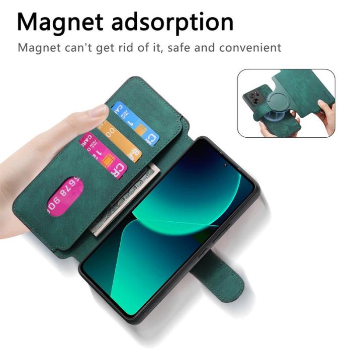 CASENEO - CASENEO Xiaomi 13T Fodral - Avtagbart Läder Plånboksfodral - Grön