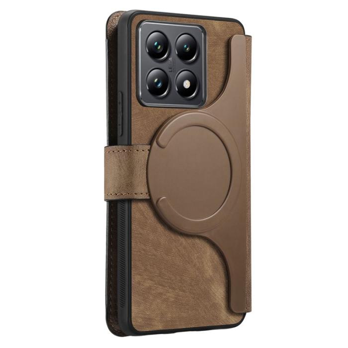 CASENEO - CASENEO Xiaomi 14T Fodral - Avtagbart Läder Plånboksfodral - Brun