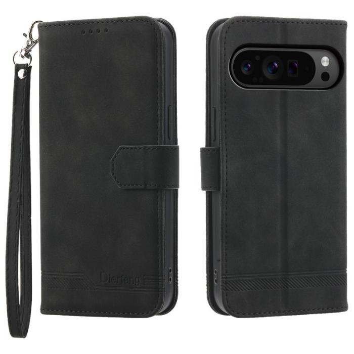 DIERFENG - DIERFENG DF-03 Flip Wallet Cover Google Pixel 9 Pro XL - Äkta läder - Svart