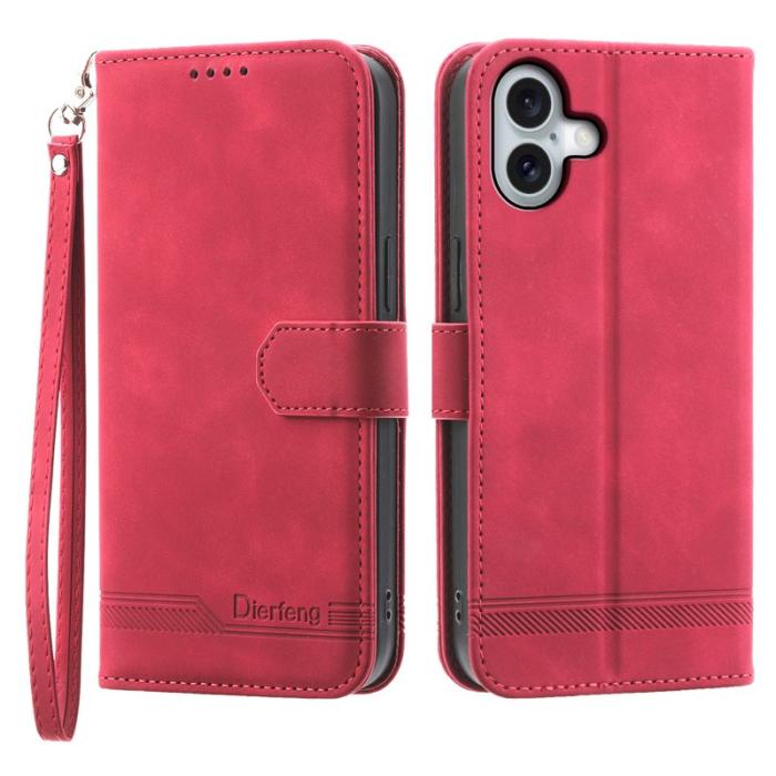 DIERFENG - DIERFENG DF-03 iPhone 16 Plus Wallet Fodral Äkta läder - Röd