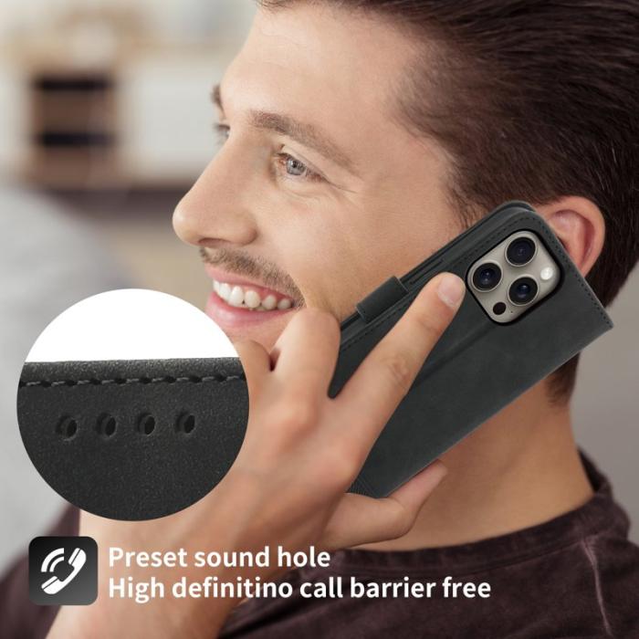 DIERFENG - DIERFENG DF-03 iPhone 16 Pro Max Wallet Fodral Äkta läder - Svart