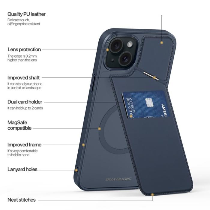 Dux Ducis - DUX DUCIS Rafi II för iPhone 15 Plus mobilskal med kortplats Konstläder - Blå