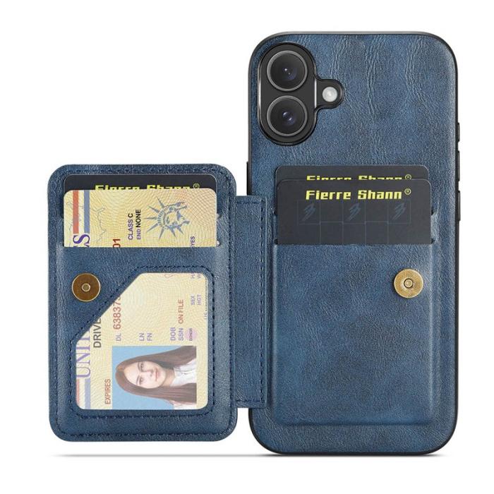 FIERRE SHANN - FIERRE SHANN 024 iPhone 16 Fodral Card Holder - Äkta läder - Blå