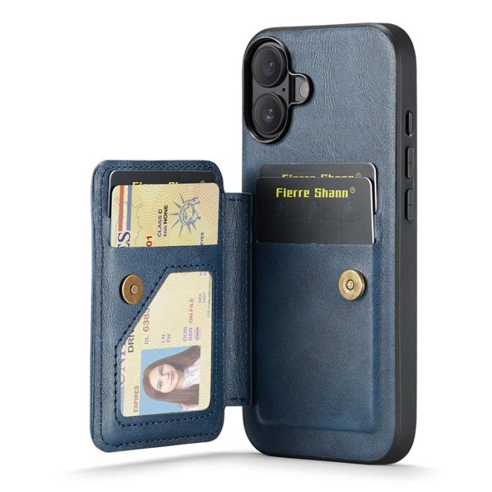 FIERRE SHANN - FIERRE SHANN 024 iPhone 16 Fodral Card Holder - Äkta läder - Blå