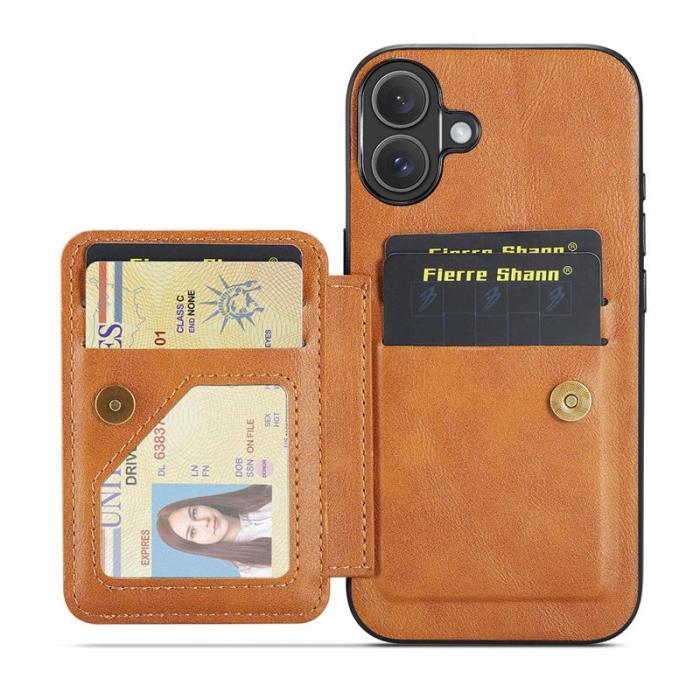 FIERRE SHANN - FIERRE SHANN 024 iPhone 16 Fodral Card Holder - Äkta läder - Brun