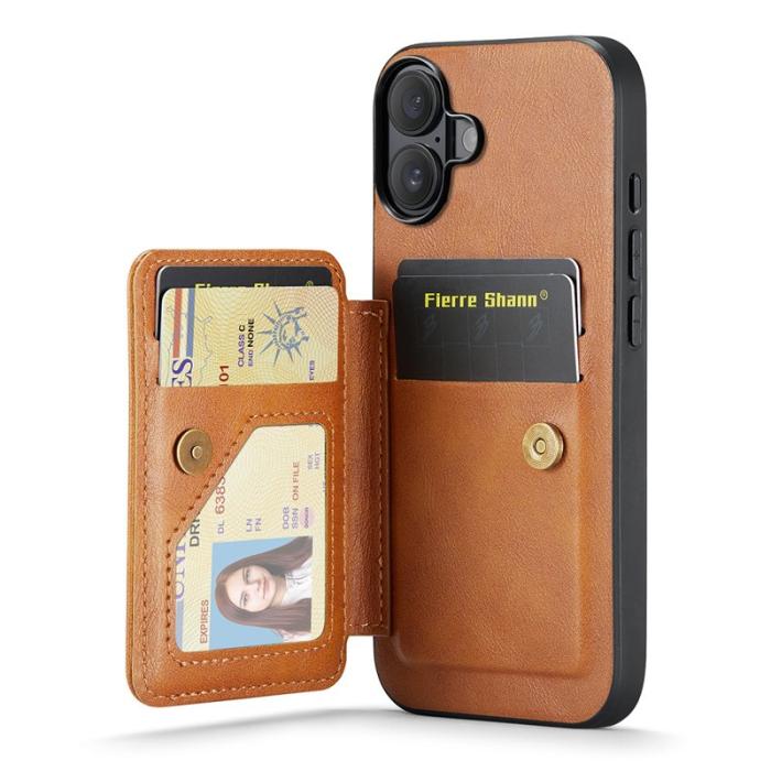 FIERRE SHANN - FIERRE SHANN 024 iPhone 16 Fodral Card Holder - Äkta läder - Brun