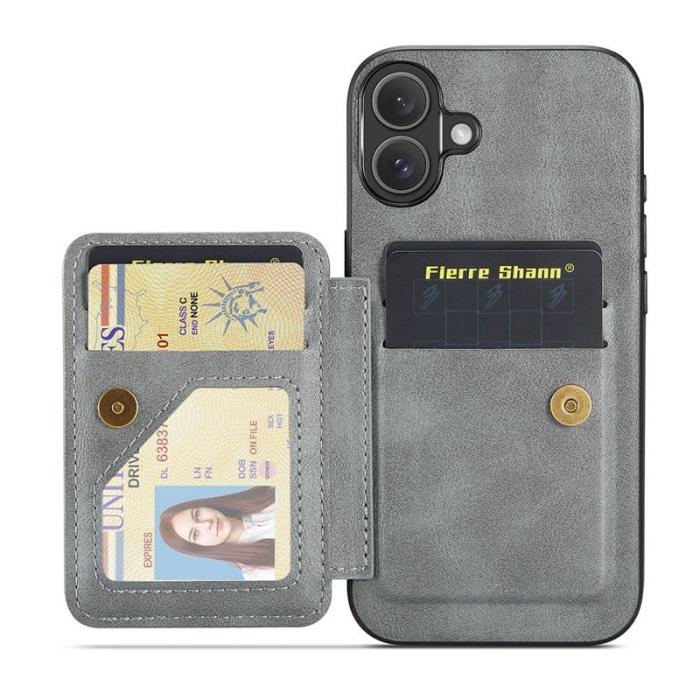 FIERRE SHANN - FIERRE SHANN 024 iPhone 16 Fodral Card Holder - Äkta läder - Grå