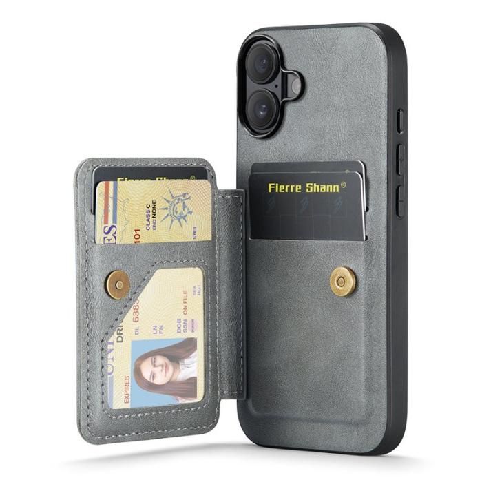 FIERRE SHANN - FIERRE SHANN 024 iPhone 16 Fodral Card Holder - Äkta läder - Grå