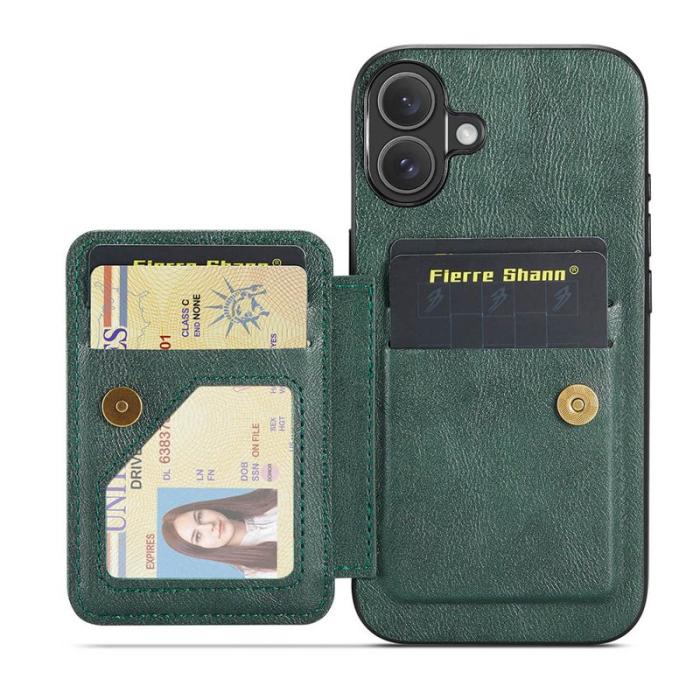 FIERRE SHANN - FIERRE SHANN 024 iPhone 16 Fodral Card Holder Äkta läder - Grön