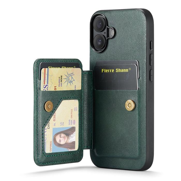 FIERRE SHANN - FIERRE SHANN 024 iPhone 16 Fodral Card Holder Äkta läder - Grön