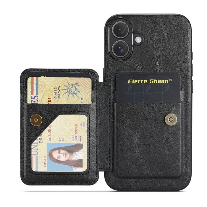 FIERRE SHANN - FIERRE SHANN 024 iPhone 16 Fodral Card Holder - Äkta läder - Svart