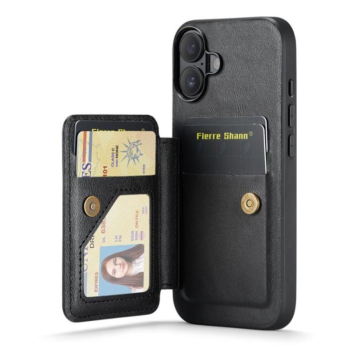 FIERRE SHANN - FIERRE SHANN 024 iPhone 16 Fodral Card Holder - Äkta läder - Svart