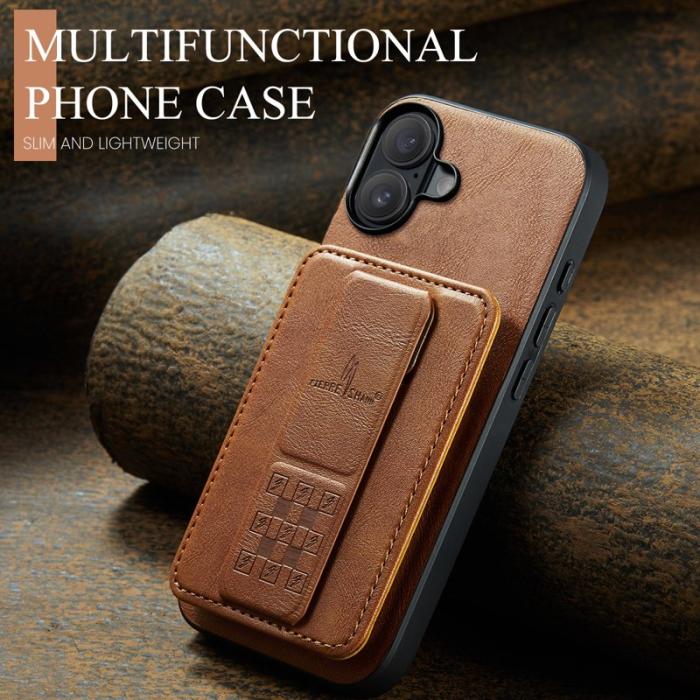 FIERRE SHANN - FIERRE SHANN 024 iPhone 17 Fodral Card Holder - Äkta läder - Brun