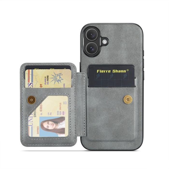 FIERRE SHANN - FIERRE SHANN 024 iPhone 17 Fodral Card Holder Äkta läder - Grå