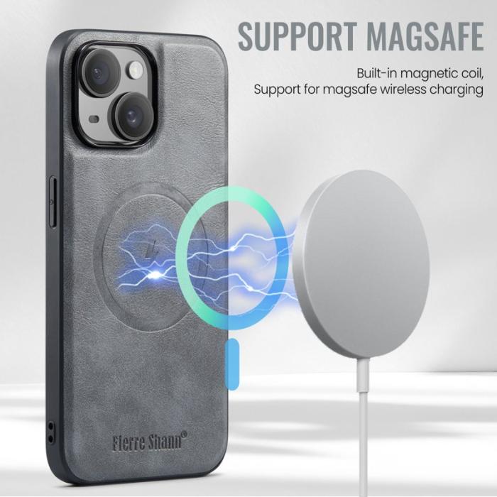 FIERRE SHANN - FIERRE SHANN 025 Fodral för iPhone 15 Plus - Äkta läder - Grå
