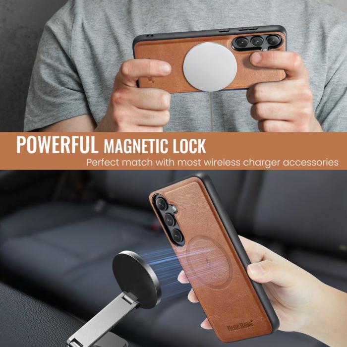 FIERRE SHANN - FIERRE SHANN 027 för Samsung Galaxy S25+ Fodral Äkta läder - Brun