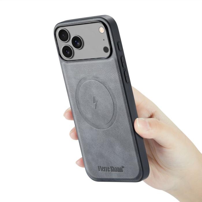 FIERRE SHANN - FIERRE SHANN 027 iPhone 17 Pro Fodral Äkta läder - Grå