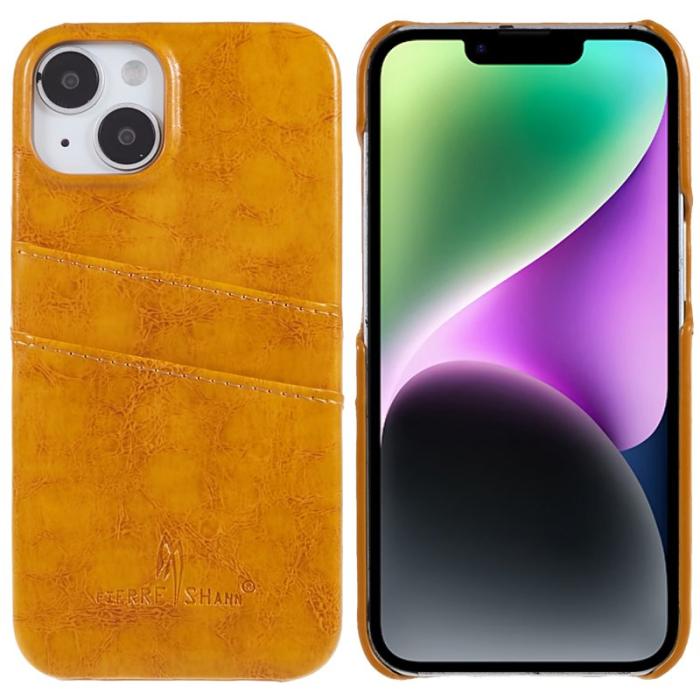 FIERRE SHANN - FIERRE SHANN för iPhone 14 Fodral i Oljevaxad PU Läder - Gul