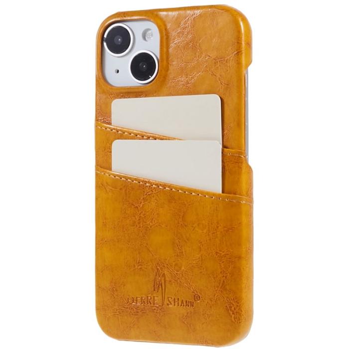 FIERRE SHANN - FIERRE SHANN för iPhone 14 Fodral i Oljevaxad PU Läder - Gul