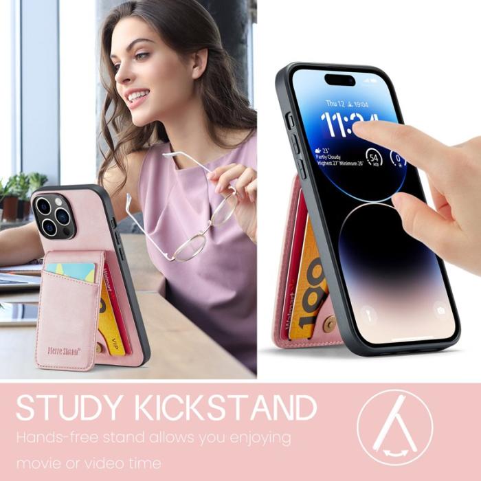 FIERRE SHANN - FIERRE SHANN för iPhone 14 Pro Max Fodral Kickstand PU Läder - Rosa
