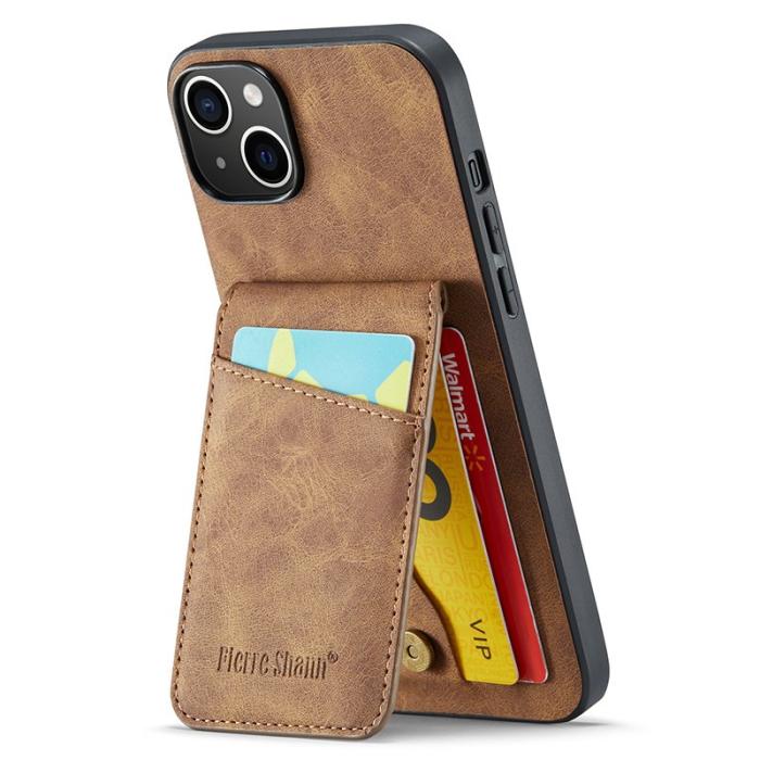 FIERRE SHANN - FIERRE SHANN för iPhone 15 Fodral Card Holder PU Läder - Blå - Brun