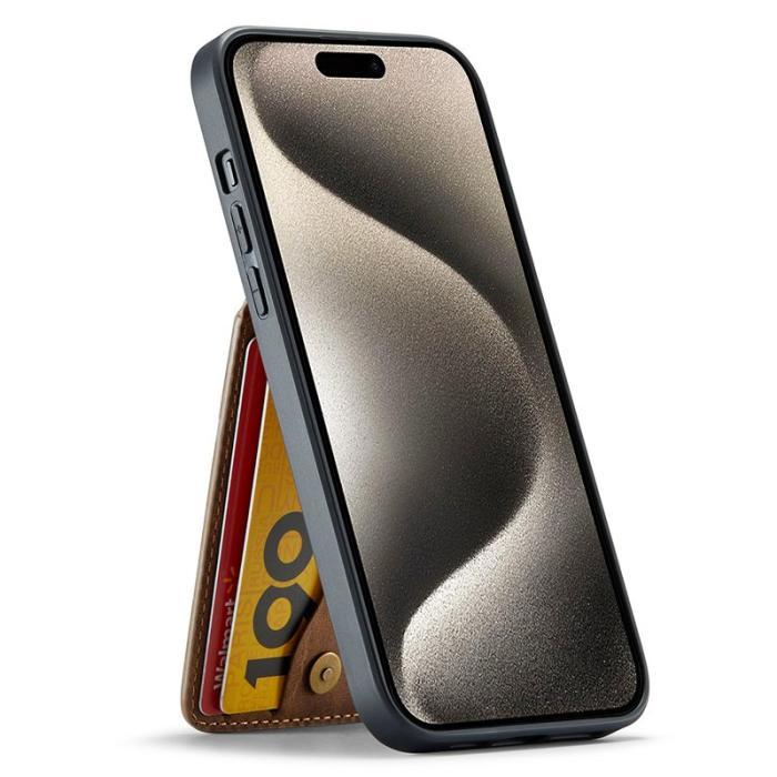 FIERRE SHANN - FIERRE SHANN för iPhone 15 Fodral Card Holder PU Läder - Blå - Brun