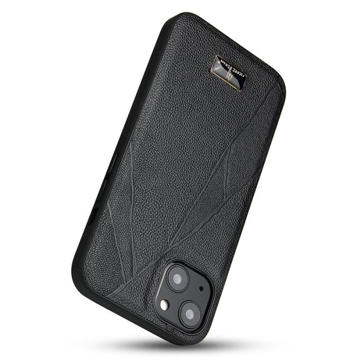 FIERRE SHANN - FIERRE SHANN för iPhone 15 Fodral PU Läder - Randig Litchi - Svart