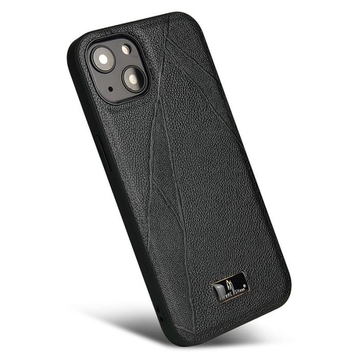 FIERRE SHANN - FIERRE SHANN för iPhone 15 Fodral PU Läder - Randig Litchi - Svart