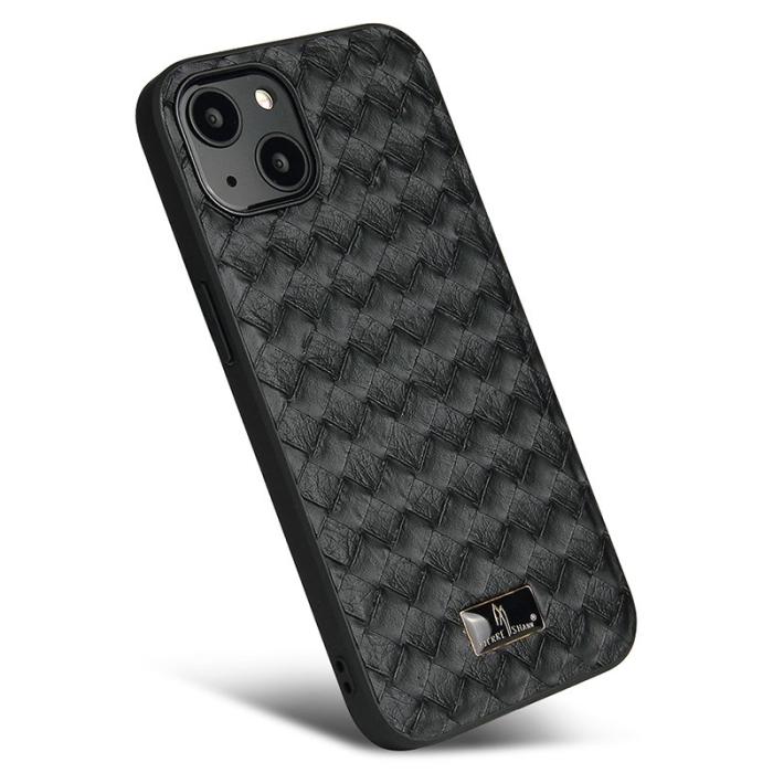 FIERRE SHANN - FIERRE SHANN för iPhone 15 Fodral PU Läder - Woven Pattern - Vit